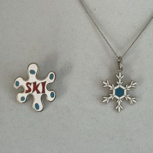Vintage Ski Pin and Snowflake Necklace